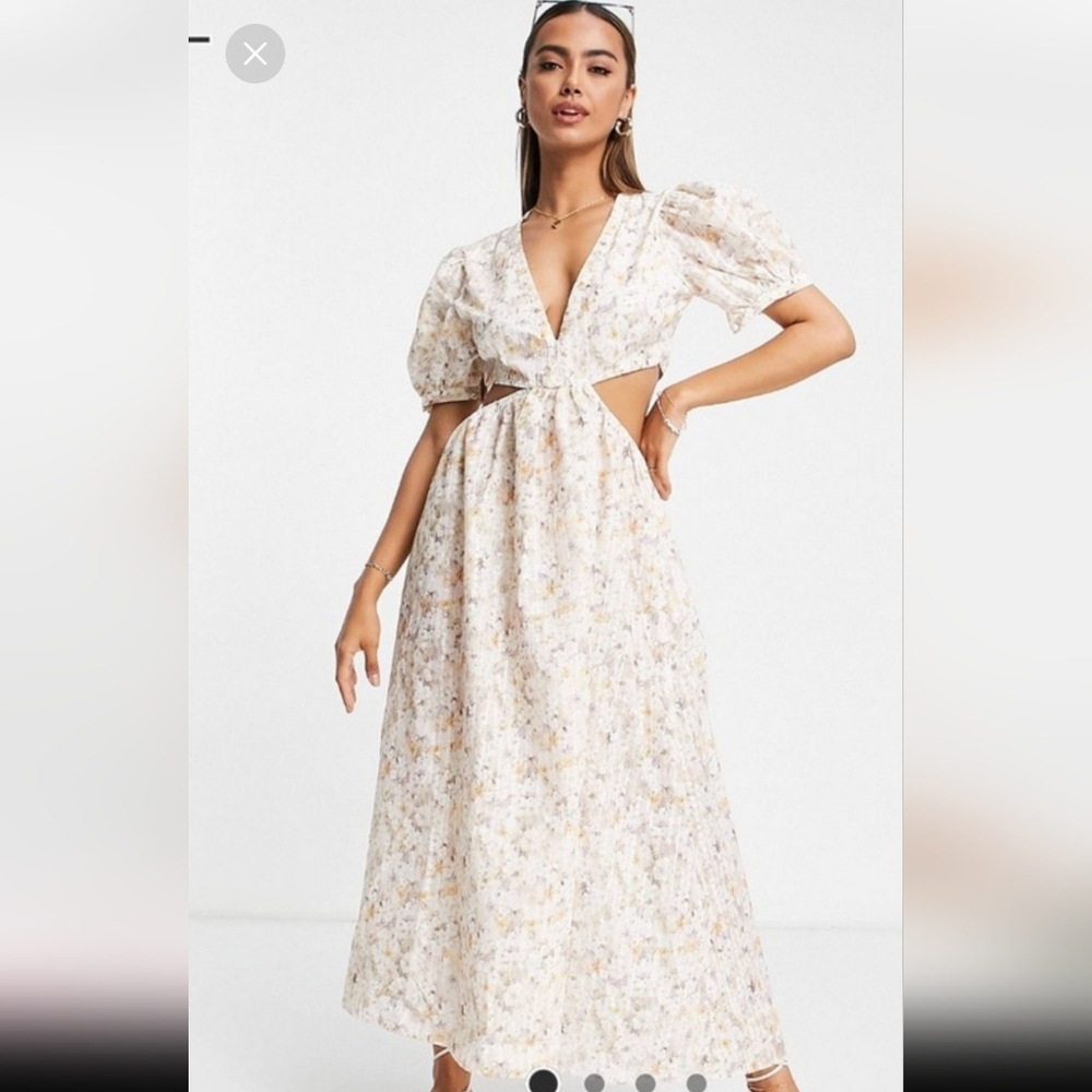 Urban Revivo Cut Out Detail Midi Dress In White Floral